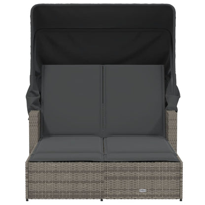 Double Sun Lounger with Canopy and Cushions Gray Poly Rattan