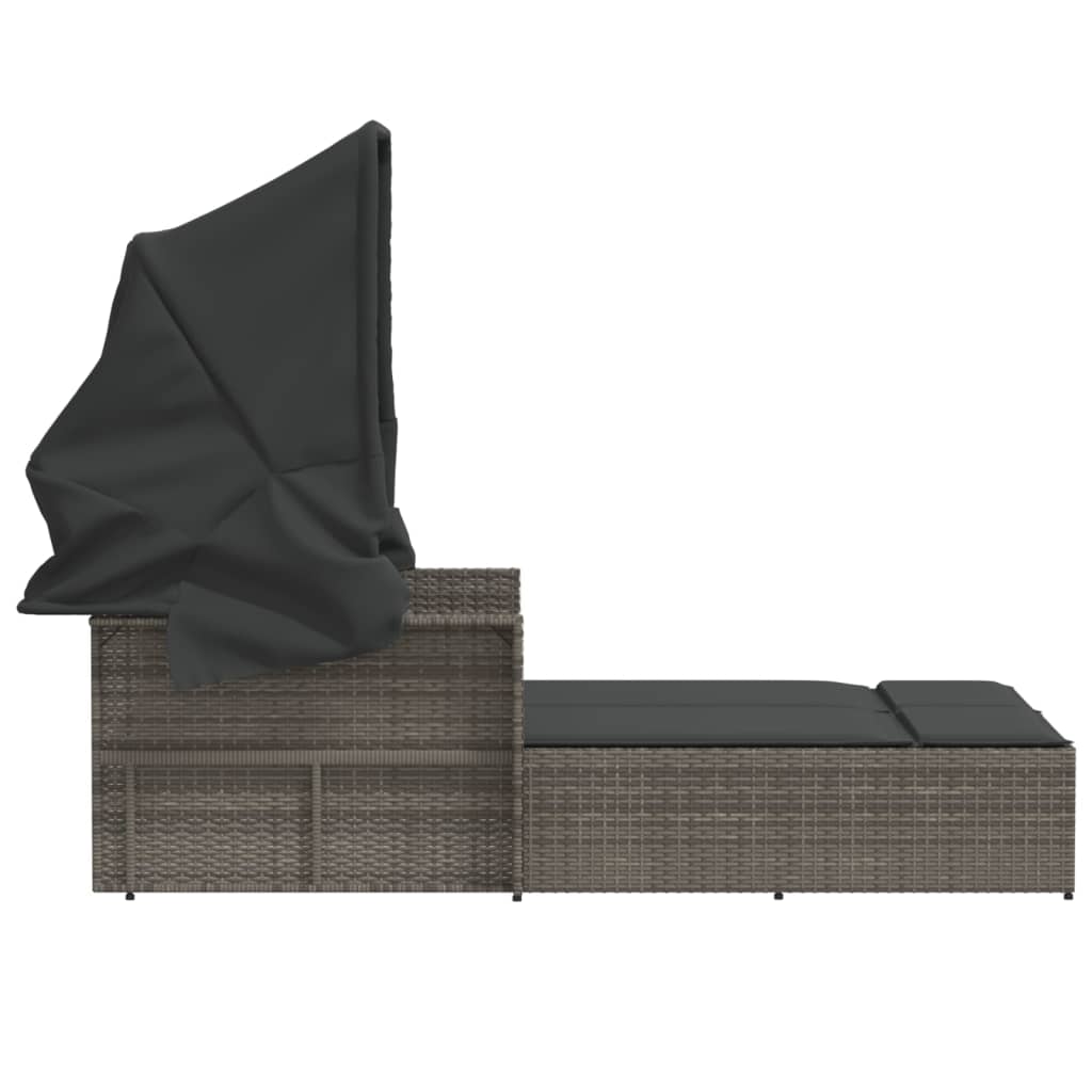 Double Sun Lounger with Canopy and Cushions Gray Poly Rattan