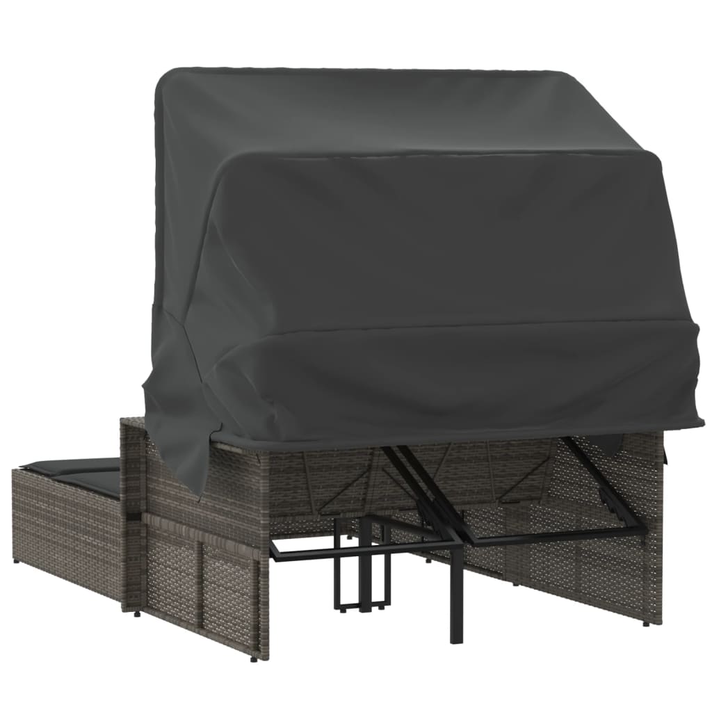 Double Sun Lounger with Canopy and Cushions Gray Poly Rattan