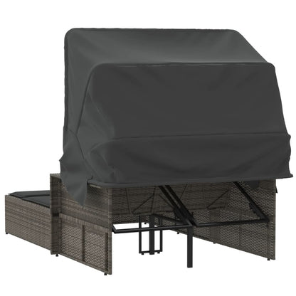 Double Sun Lounger with Canopy and Cushions Gray Poly Rattan