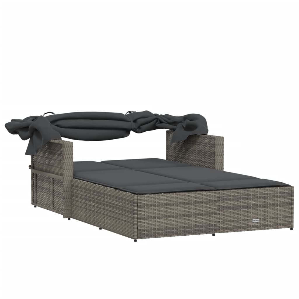 Double Sun Lounger with Canopy and Cushions Gray Poly Rattan