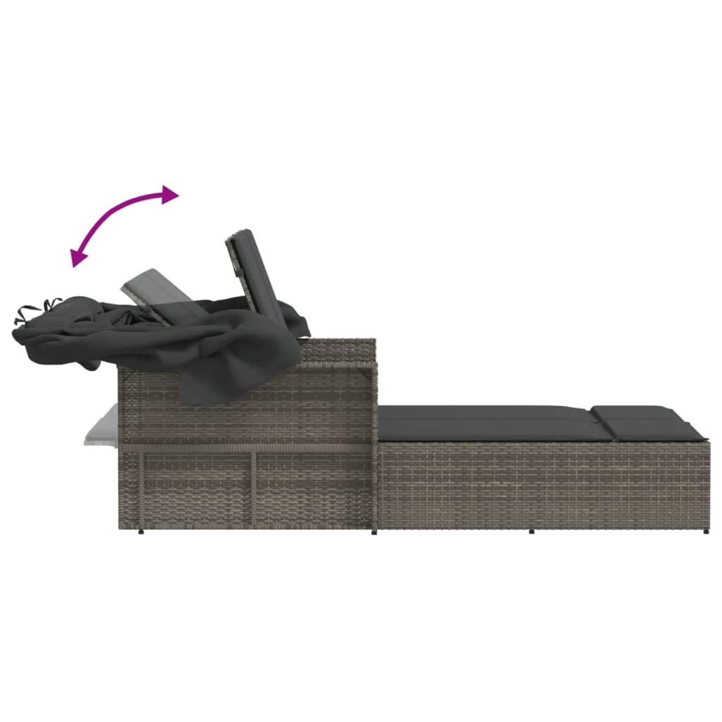 Double Sun Lounger with Canopy and Cushions Gray Poly Rattan