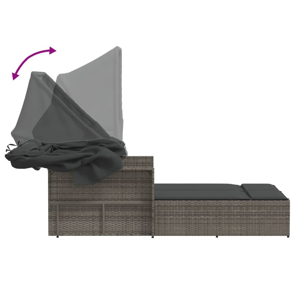 Double Sun Lounger with Canopy and Cushions Gray Poly Rattan