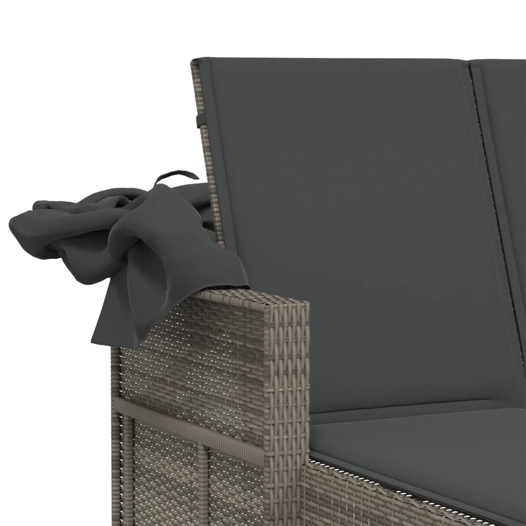 Double Sun Lounger with Canopy and Cushions Gray Poly Rattan