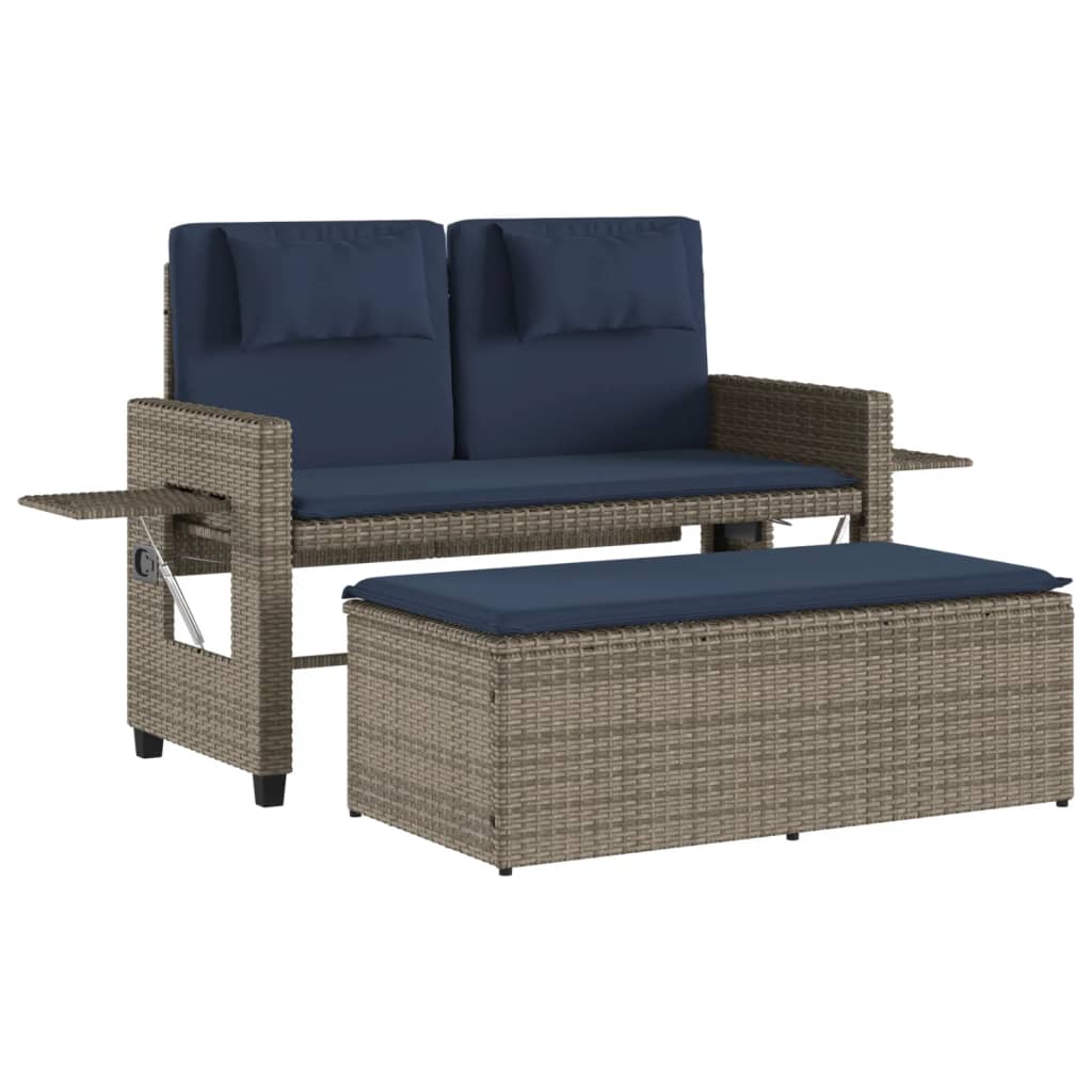 Reclining Patio Bench with Cushions Gray Poly Rattan