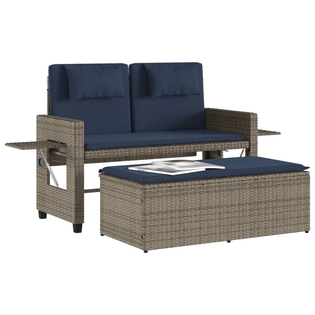 Reclining Patio Bench with Cushions Gray Poly Rattan