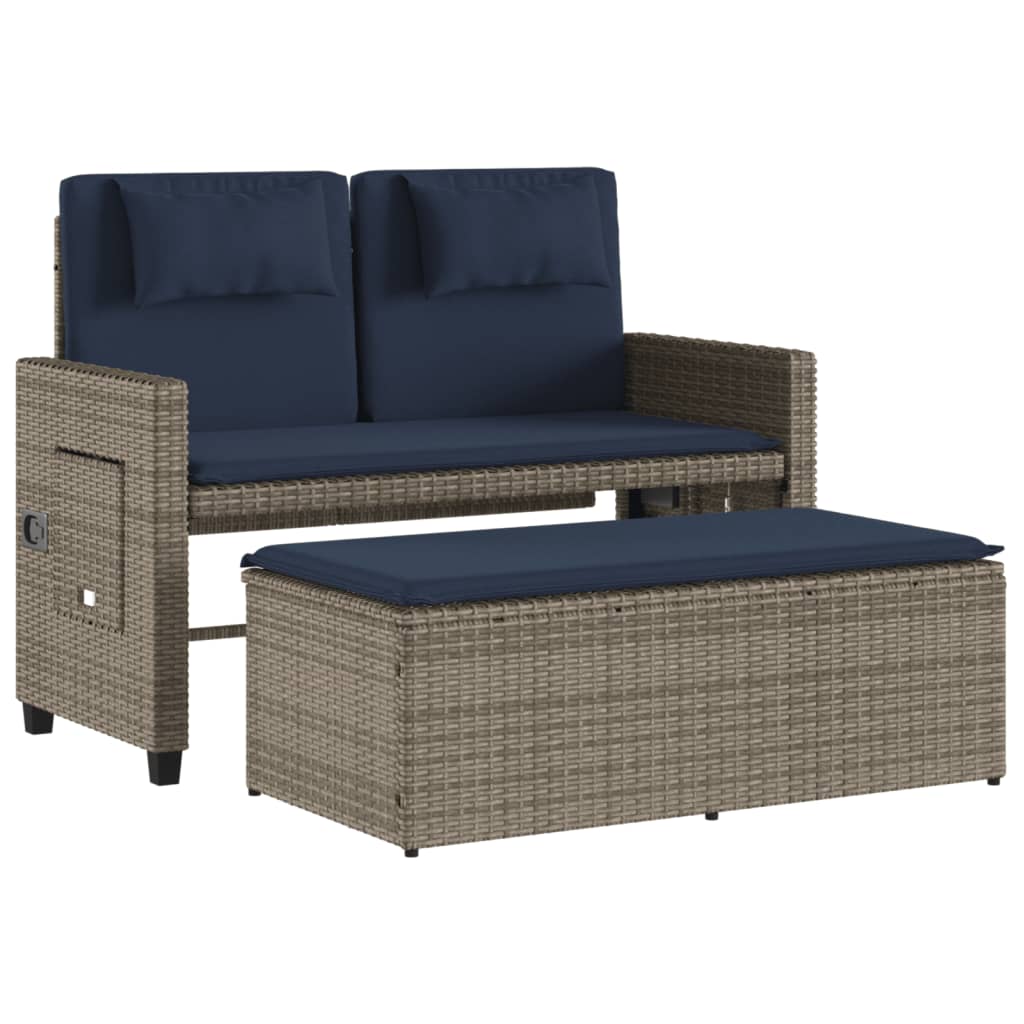 Reclining Patio Bench with Cushions Gray Poly Rattan