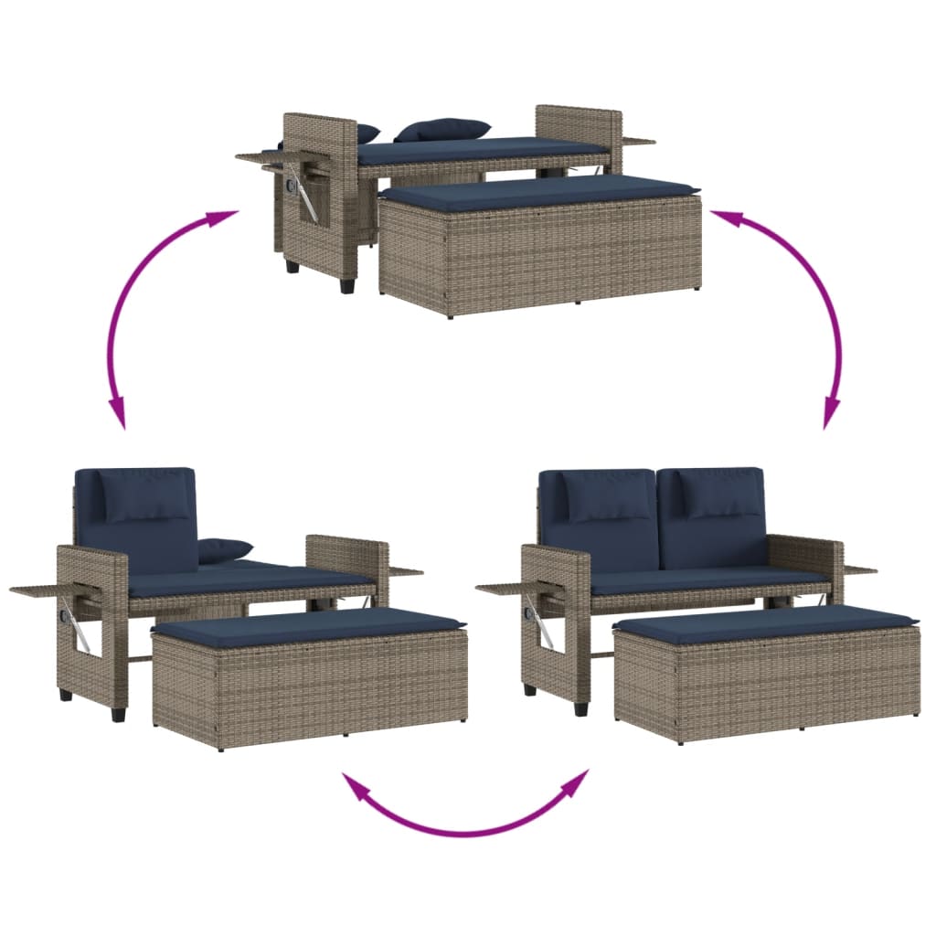 Reclining Patio Bench with Cushions Gray Poly Rattan
