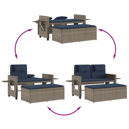 Reclining Patio Bench with Cushions Gray Poly Rattan
