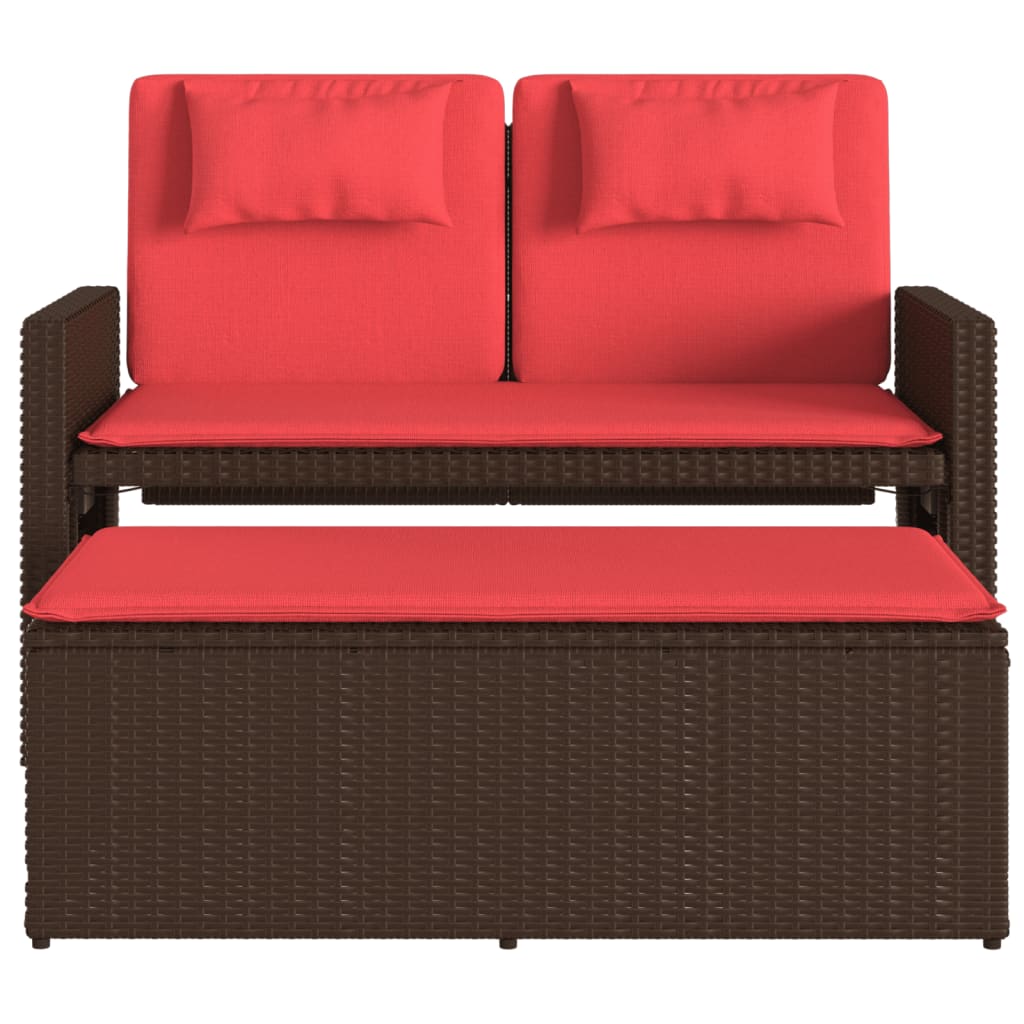 Reclining Patio Bench with Cushions Brown Poly Rattan