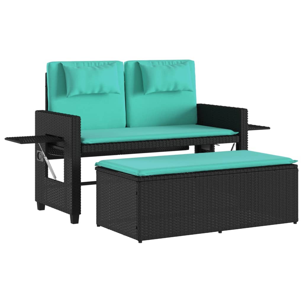 Reclining Patio Bench with Cushions Black Poly Rattan