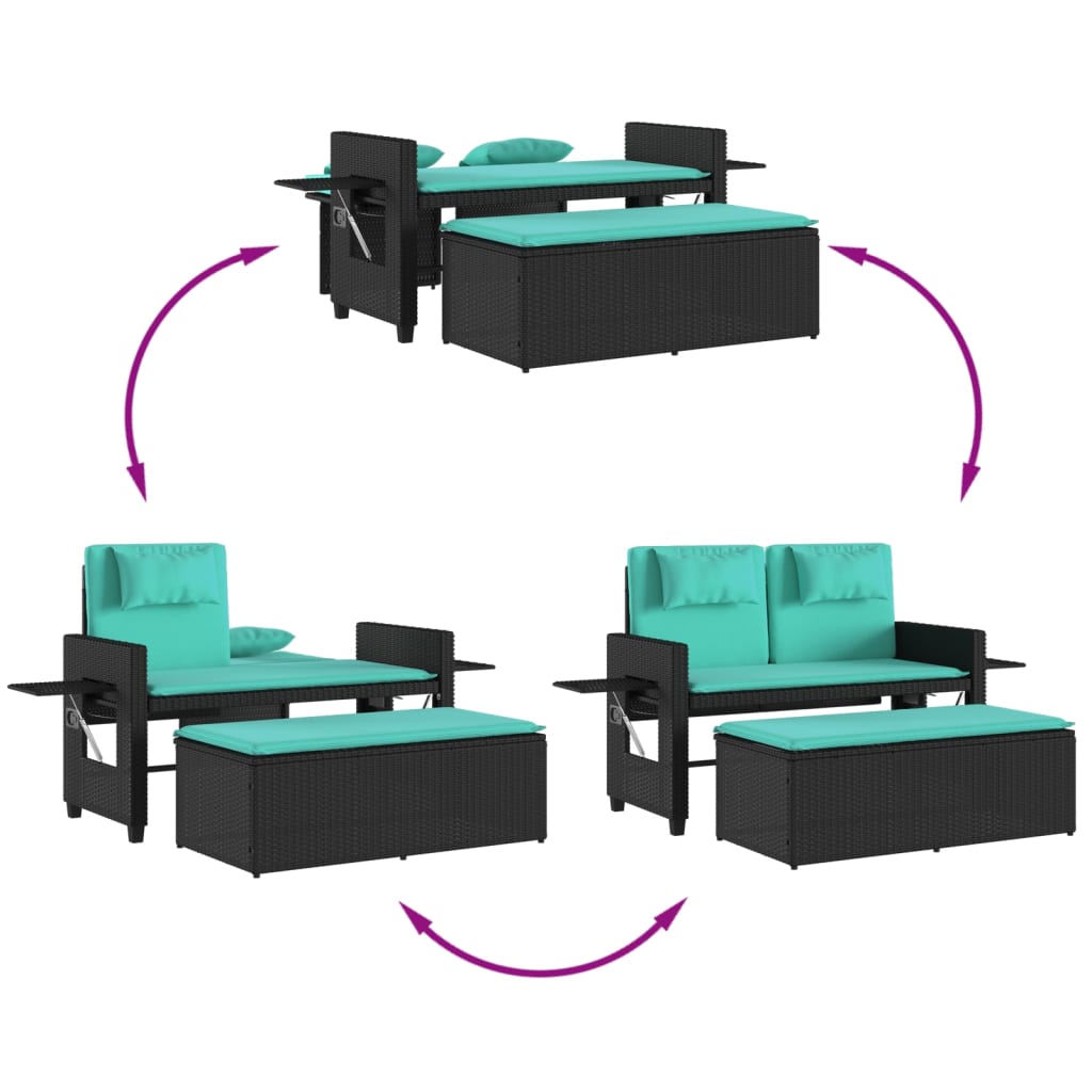 Reclining Patio Bench with Cushions Black Poly Rattan