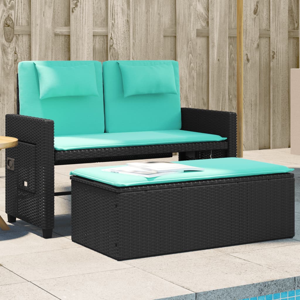 Reclining Patio Bench with Cushions Black Poly Rattan