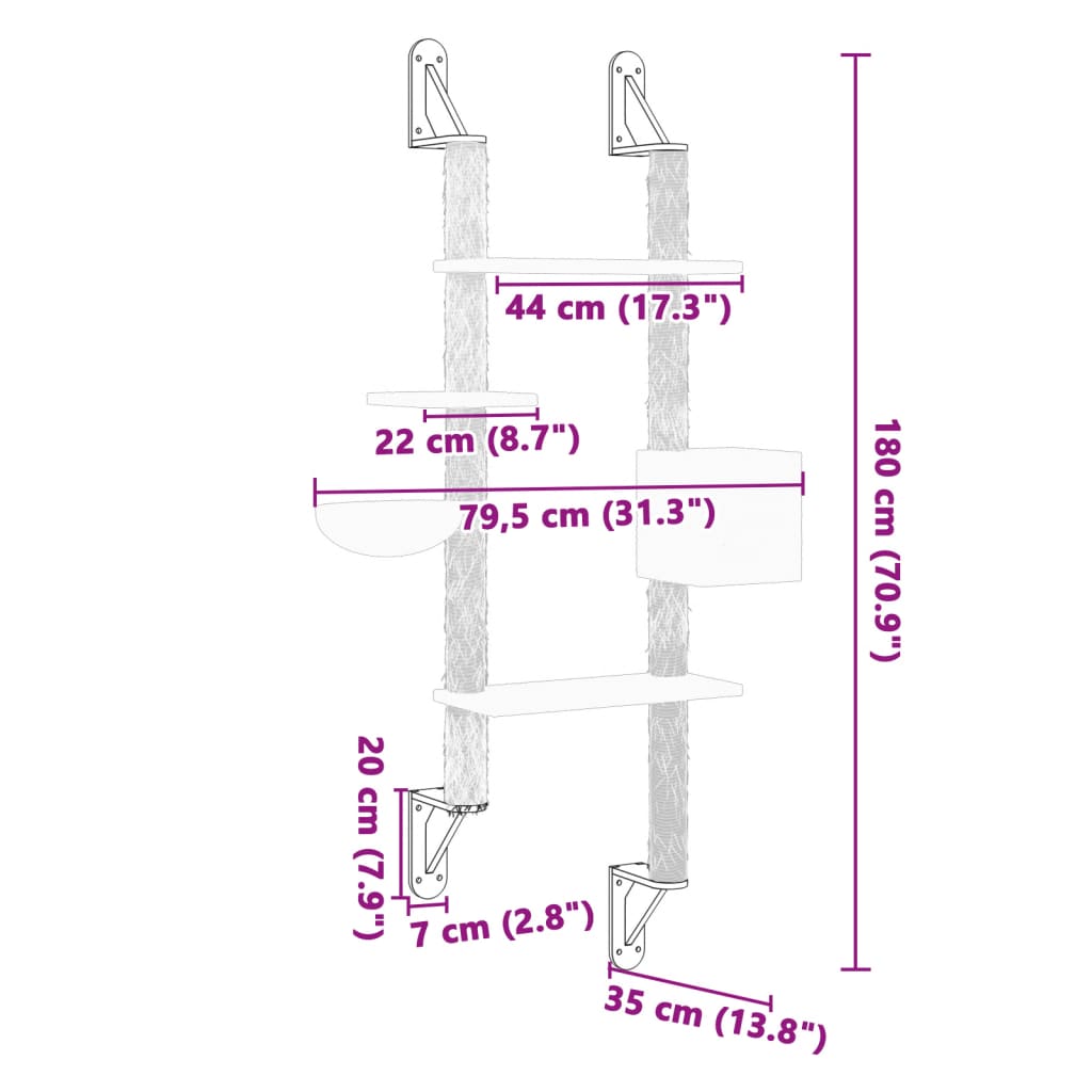 Wall-mounted Cat Tree with Scratching Post Light Grey 180 cm