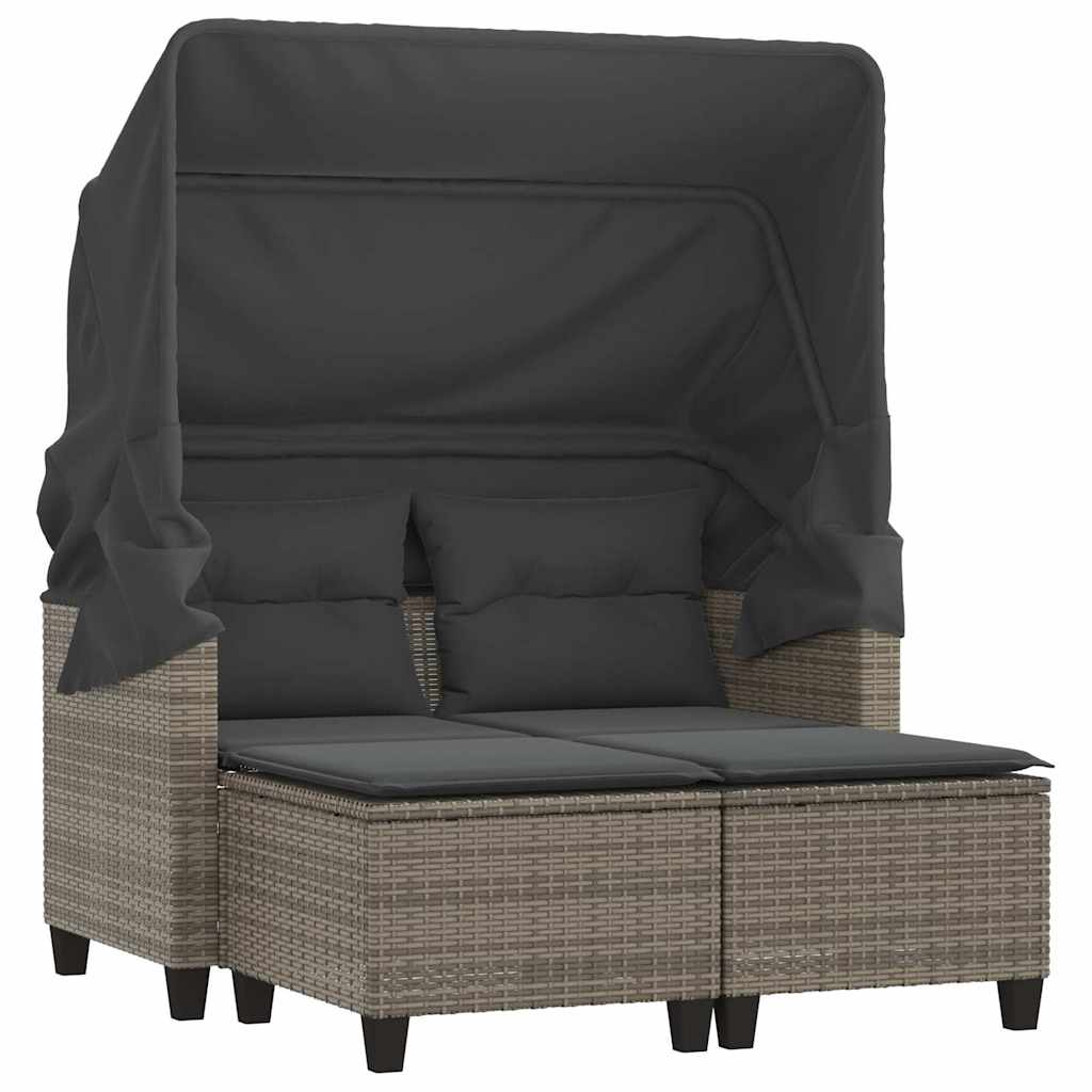 Patio Sofa 2-Seater with Canopy and Stools Gray Poly Rattan