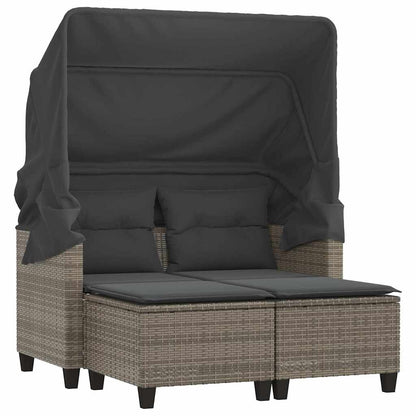 Patio Sofa 2-Seater with Canopy and Stools Gray Poly Rattan