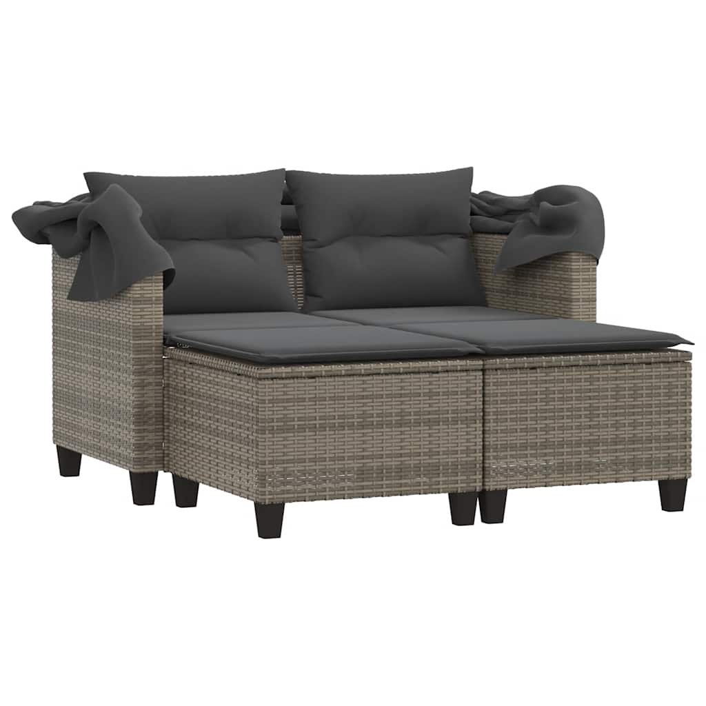 Patio Sofa 2-Seater with Canopy and Stools Gray Poly Rattan
