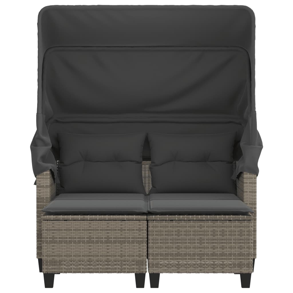 Patio Sofa 2-Seater with Canopy and Stools Gray Poly Rattan