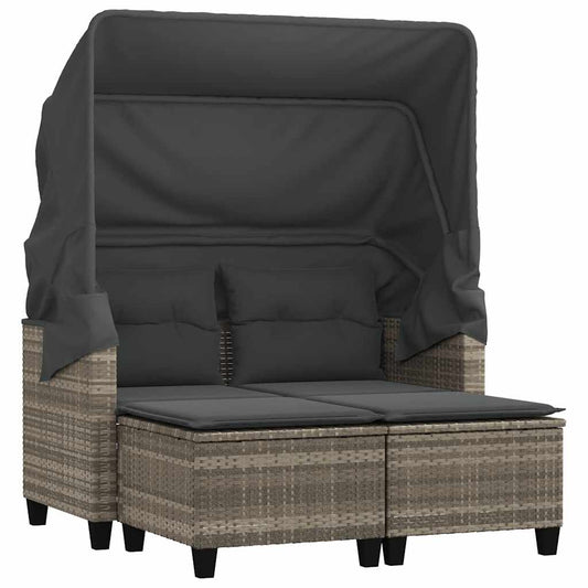 Garden Sofa 2-Seater with Canopy and Stools Light Grey Poly Rattan