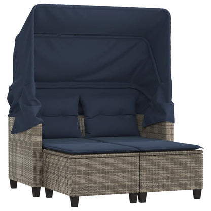 Patio Sofa 2-Seater with Canopy and Stools Gray Poly Rattan
