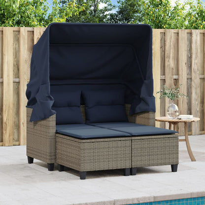 Patio Sofa 2-Seater with Canopy and Stools Gray Poly Rattan