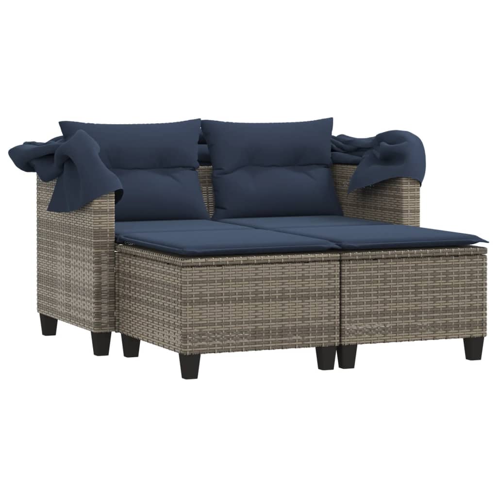 Patio Sofa 2-Seater with Canopy and Stools Gray Poly Rattan