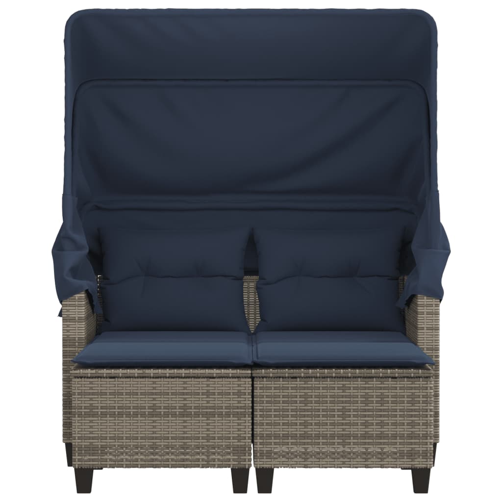 Patio Sofa 2-Seater with Canopy and Stools Gray Poly Rattan