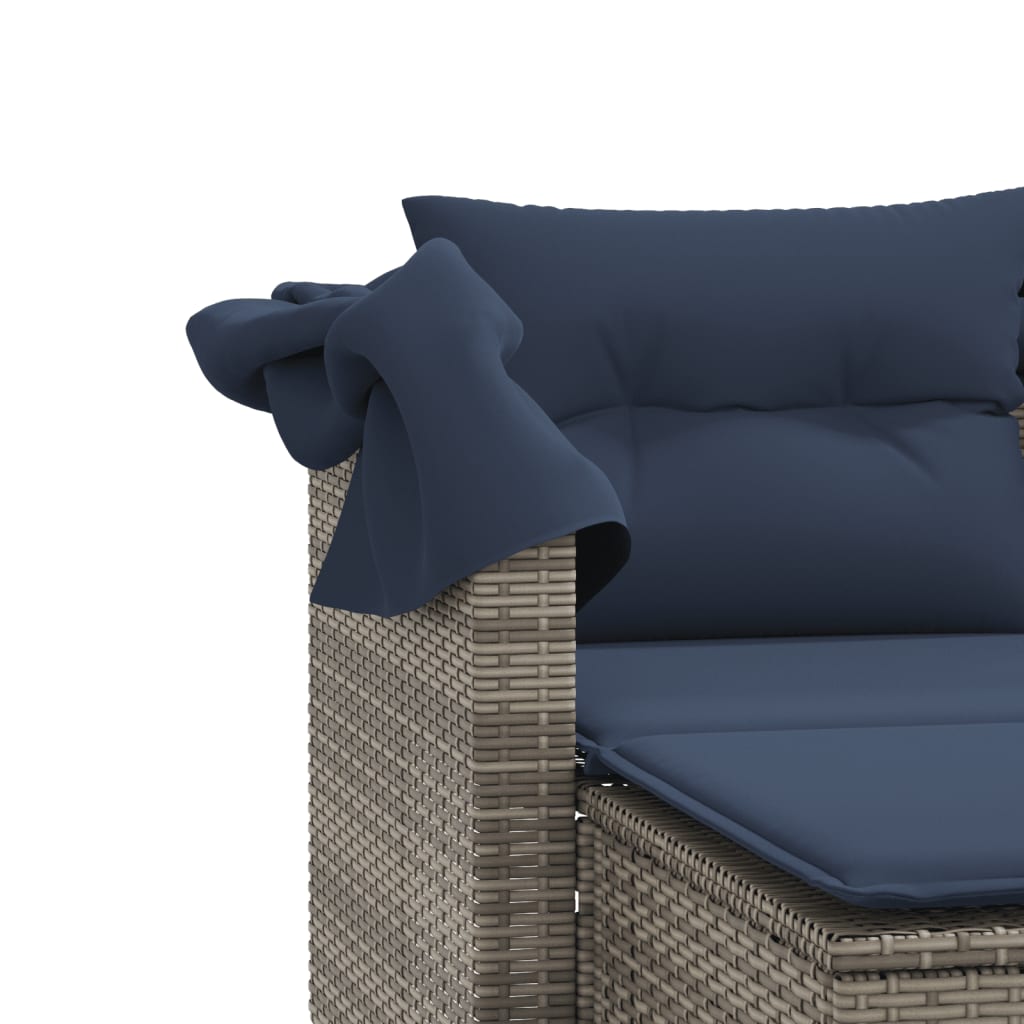 Patio Sofa 2-Seater with Canopy and Stools Gray Poly Rattan