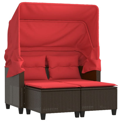 Patio Sofa 2-Seater with Canopy and Stools Brown Poly Rattan