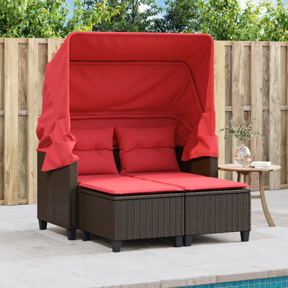 Patio Sofa 2-Seater with Canopy and Stools Brown Poly Rattan