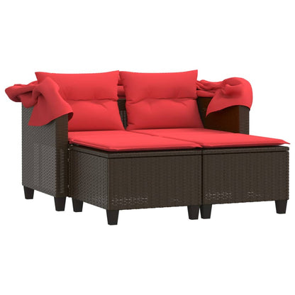 Patio Sofa 2-Seater with Canopy and Stools Brown Poly Rattan