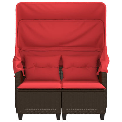 Patio Sofa 2-Seater with Canopy and Stools Brown Poly Rattan