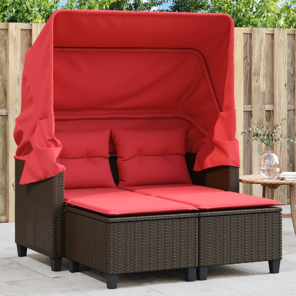 Patio Sofa 2-Seater with Canopy and Stools Brown Poly Rattan