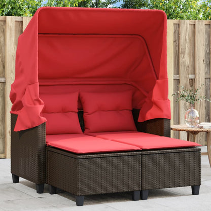 Patio Sofa 2-Seater with Canopy and Stools Brown Poly Rattan
