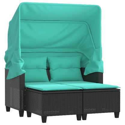 Patio Sofa 2-Seater with Canopy and Stools Black Poly Rattan