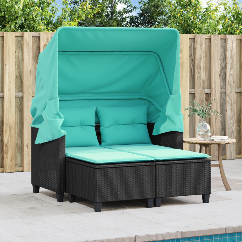 Patio Sofa 2-Seater with Canopy and Stools Black Poly Rattan