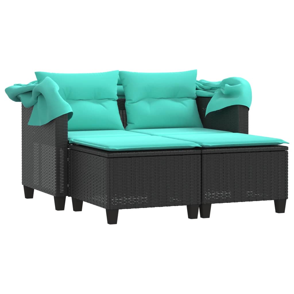 Patio Sofa 2-Seater with Canopy and Stools Black Poly Rattan