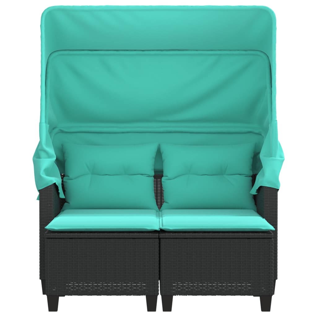 Patio Sofa 2-Seater with Canopy and Stools Black Poly Rattan