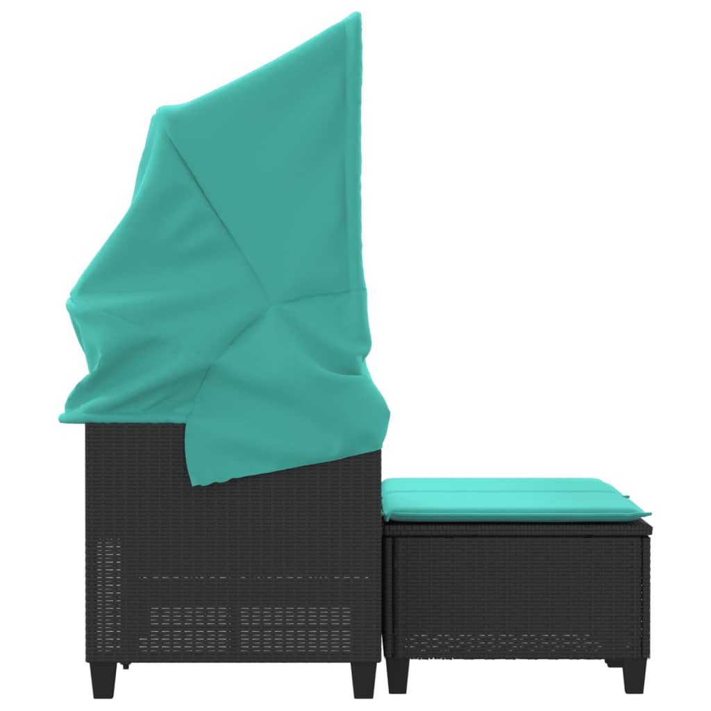 Patio Sofa 2-Seater with Canopy and Stools Black Poly Rattan