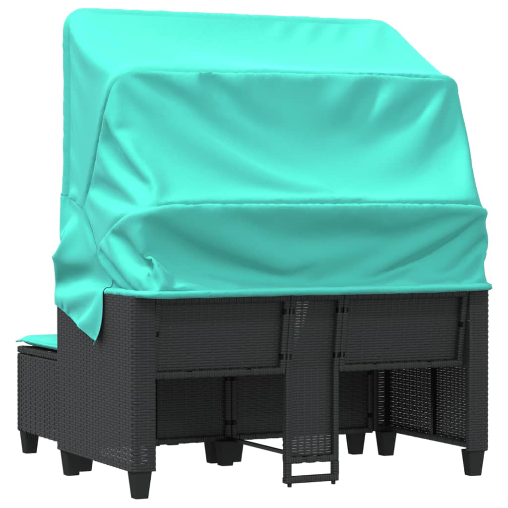 Patio Sofa 2-Seater with Canopy and Stools Black Poly Rattan
