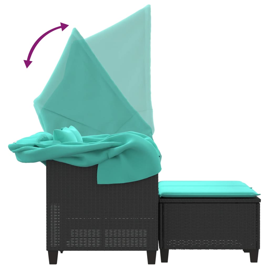 Patio Sofa 2-Seater with Canopy and Stools Black Poly Rattan
