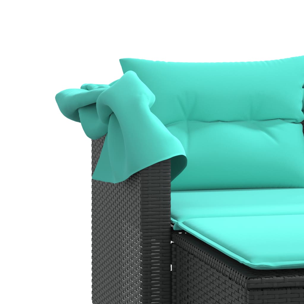 Patio Sofa 2-Seater with Canopy and Stools Black Poly Rattan