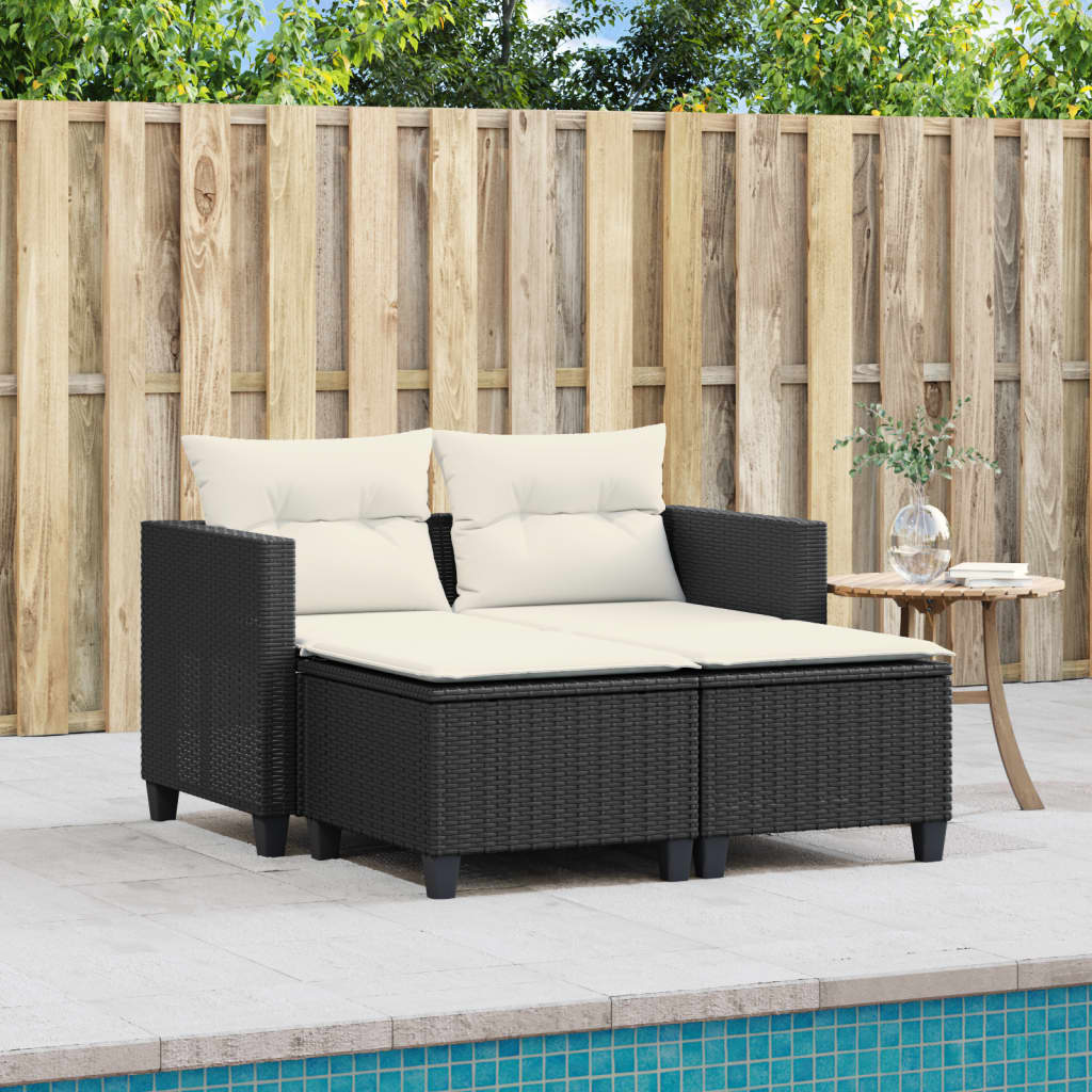 Patio Sofa 2-Seater with Stools Black Poly Rattan