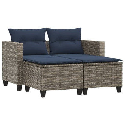 Patio Sofa 2-Seater with Stools Gray Poly Rattan