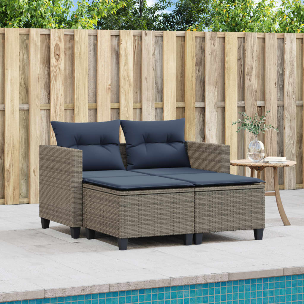 Patio Sofa 2-Seater with Stools Gray Poly Rattan