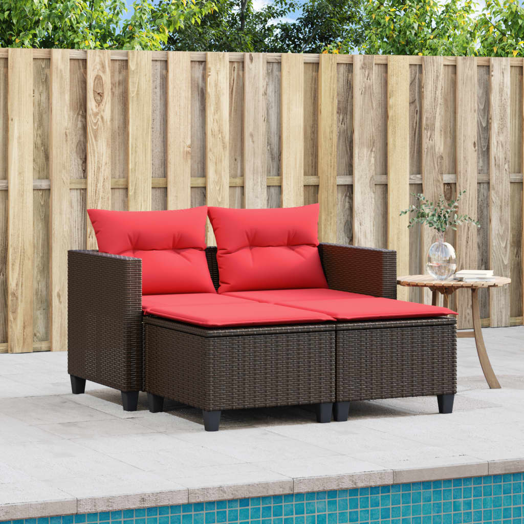 Patio Sofa 2-Seater with Stools Brown Poly Rattan