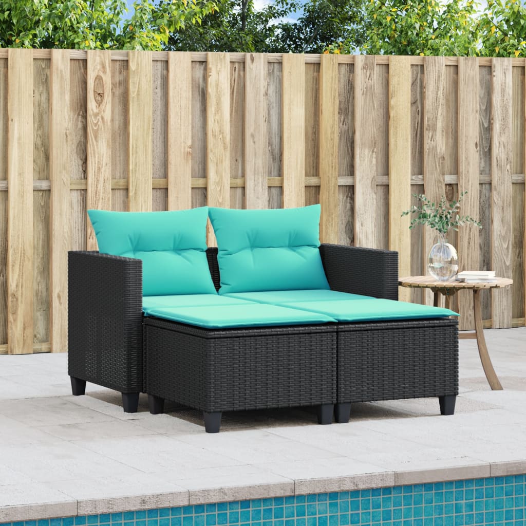 Patio Sofa 2-Seater with Stools Black Poly Rattan
