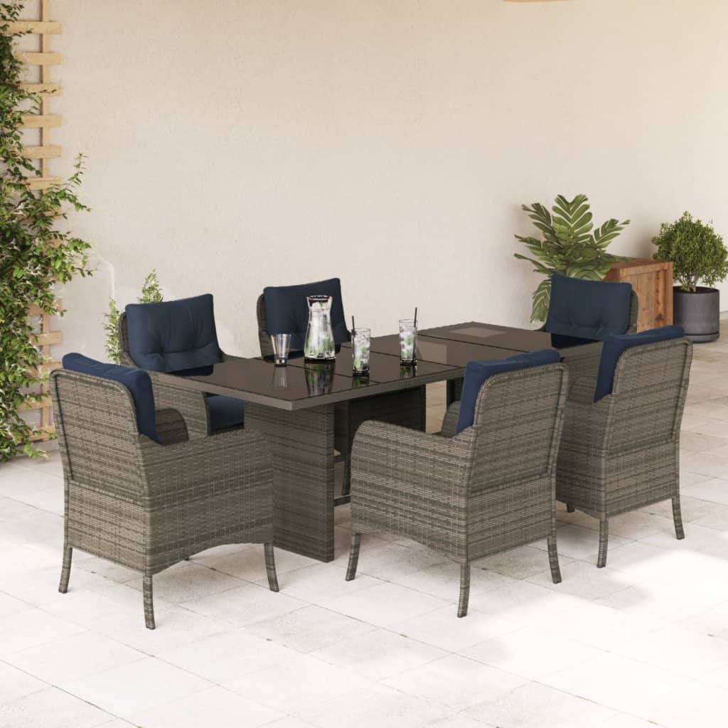 7 Piece Garden Dining Set with Cushions Grey Poly Rattan (US only)