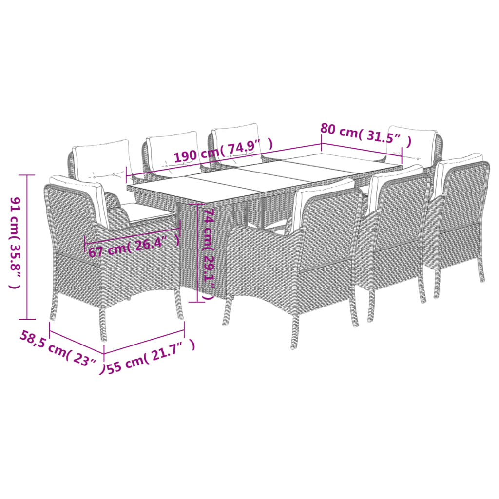 9 Piece Garden Dining Set with Cushions Grey Poly Rattan (US only)