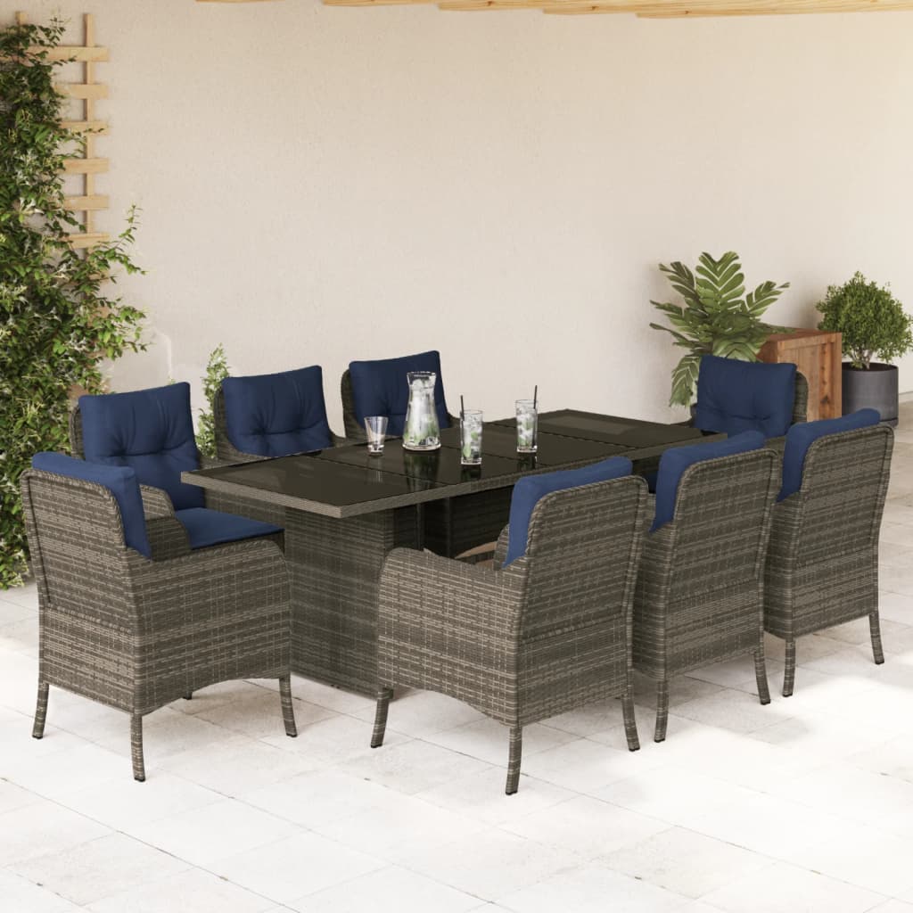 9 Piece Garden Dining Set with Cushions Grey Poly Rattan (US only)